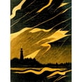 thumbnail image 1 of Lighthouse In A Lightning Storm Gold And Black Linocut Style Illustration Unframed Wall Art Print Poster Home Decor, 1 of 3