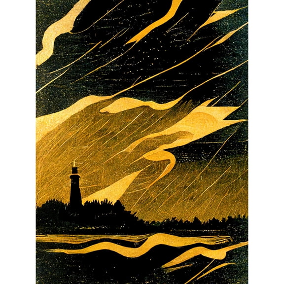 Lighthouse In A Lightning Storm Gold And Black Linocut Style Illustration Unframed Wall Art Print Poster Home Decor