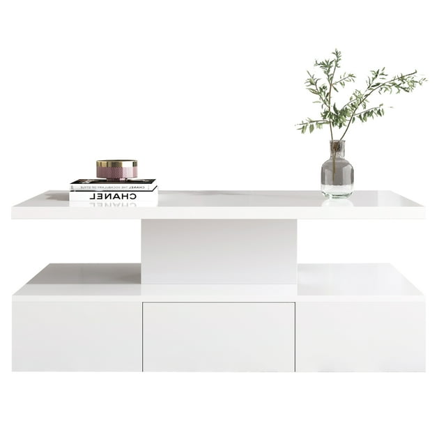 BIGWOO Table Basse Moderne à Double Plateau avec Tiroir Caché, 39.5”x19.5”x15.5” Blanc