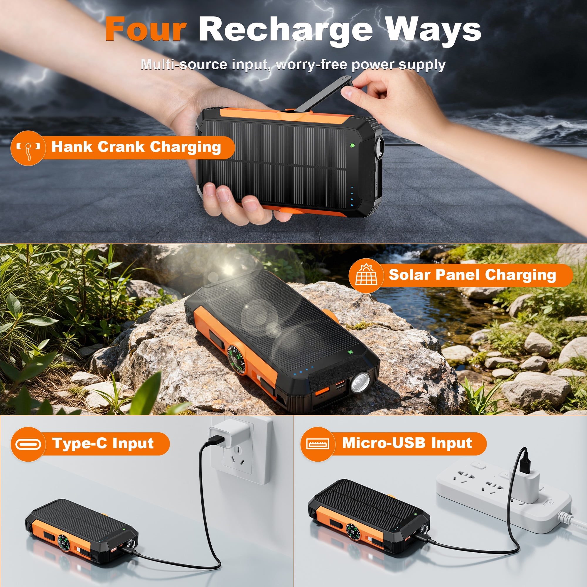 SOLPOWBEN 20000mAh Solar Charger Power Bank, 22.5W Fast Charging Solar Power Bank, 15W Portable Wireless Charger Built in Hand Crank and Retractable Cord Compatible for iPhone/Android Phone