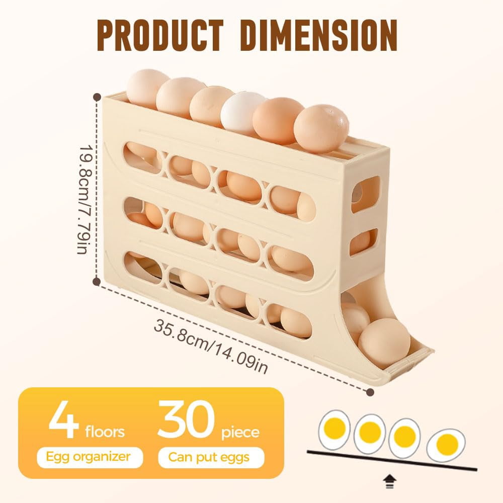 4-Tier Rolling Egg Dispenser for Fridge, Holds 30 Eggs, Plastic Space-Saving Egg Organizer