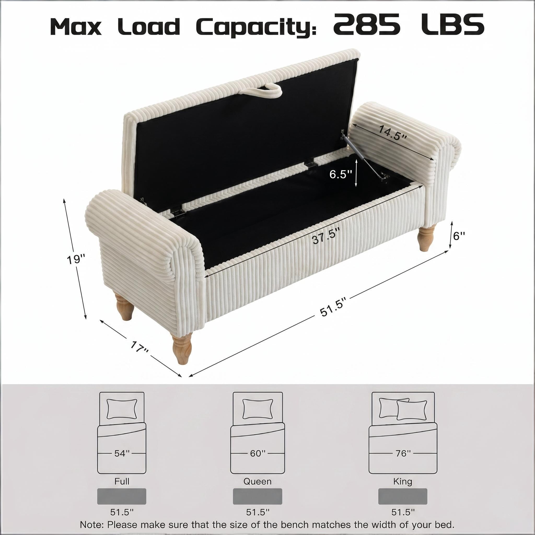 Howcool 51.5" Corduroy Storage Ottoman Bench, Upholstered End of Bed Bench for Bedroom Living Room Entryway Window Seat（White）