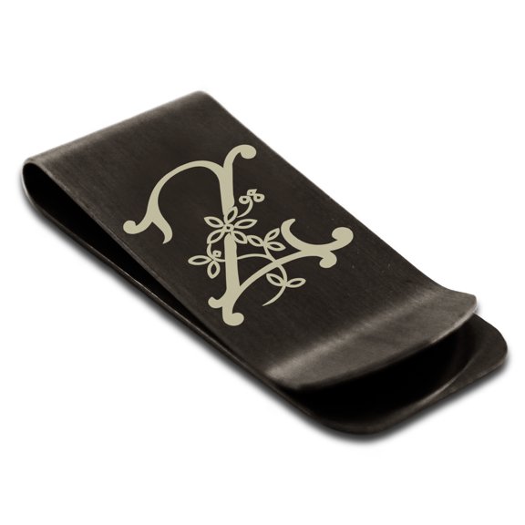 Stainless Steel Letter Z Initial Floral Monogram Engraved Engraved Money Clip Credit Card Holder