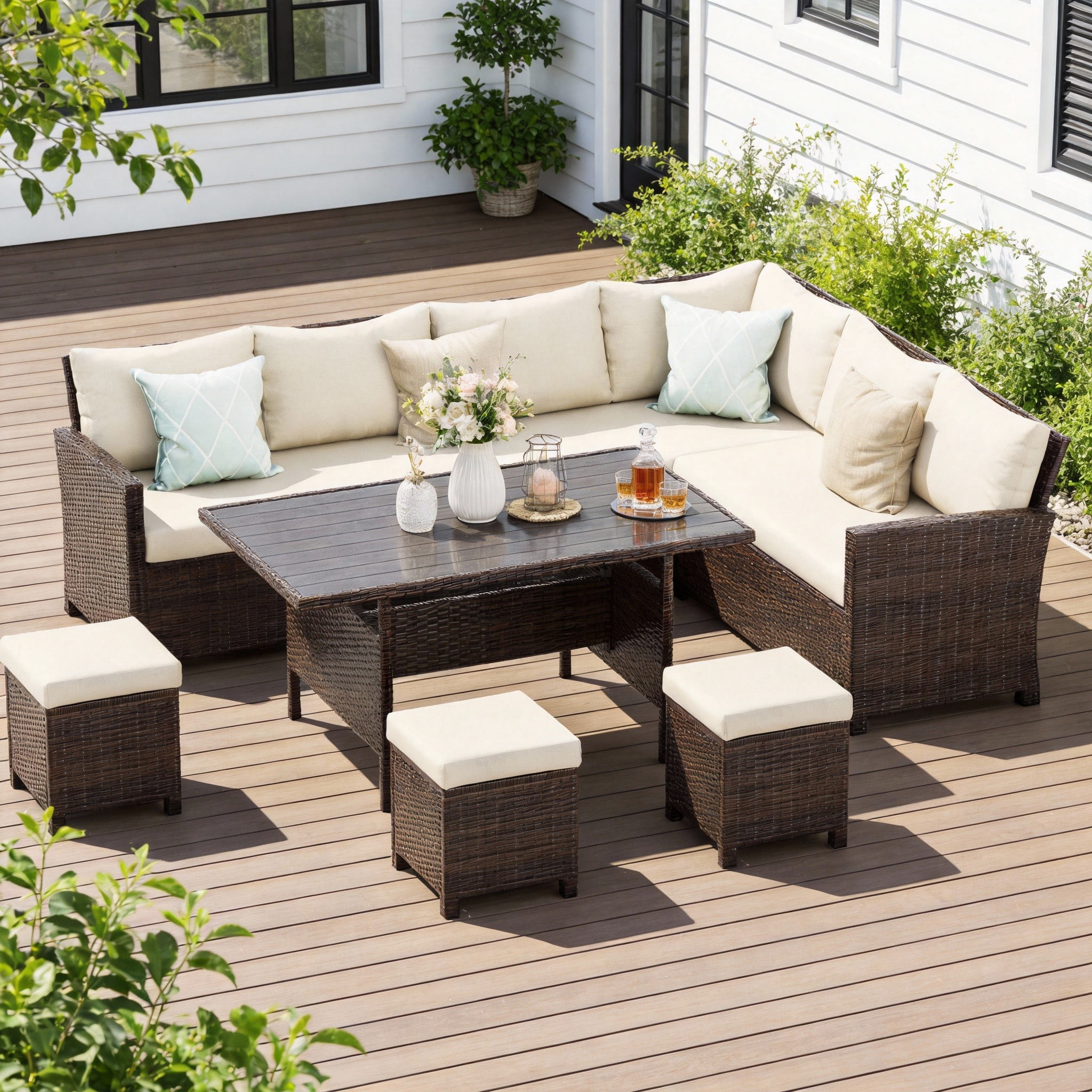 Heynemo 7-Piece Outdoor Patio Furniture Set, All-Weather Wicker Outdoor Dining Set with Table, Chairs & Ottoman, Beige