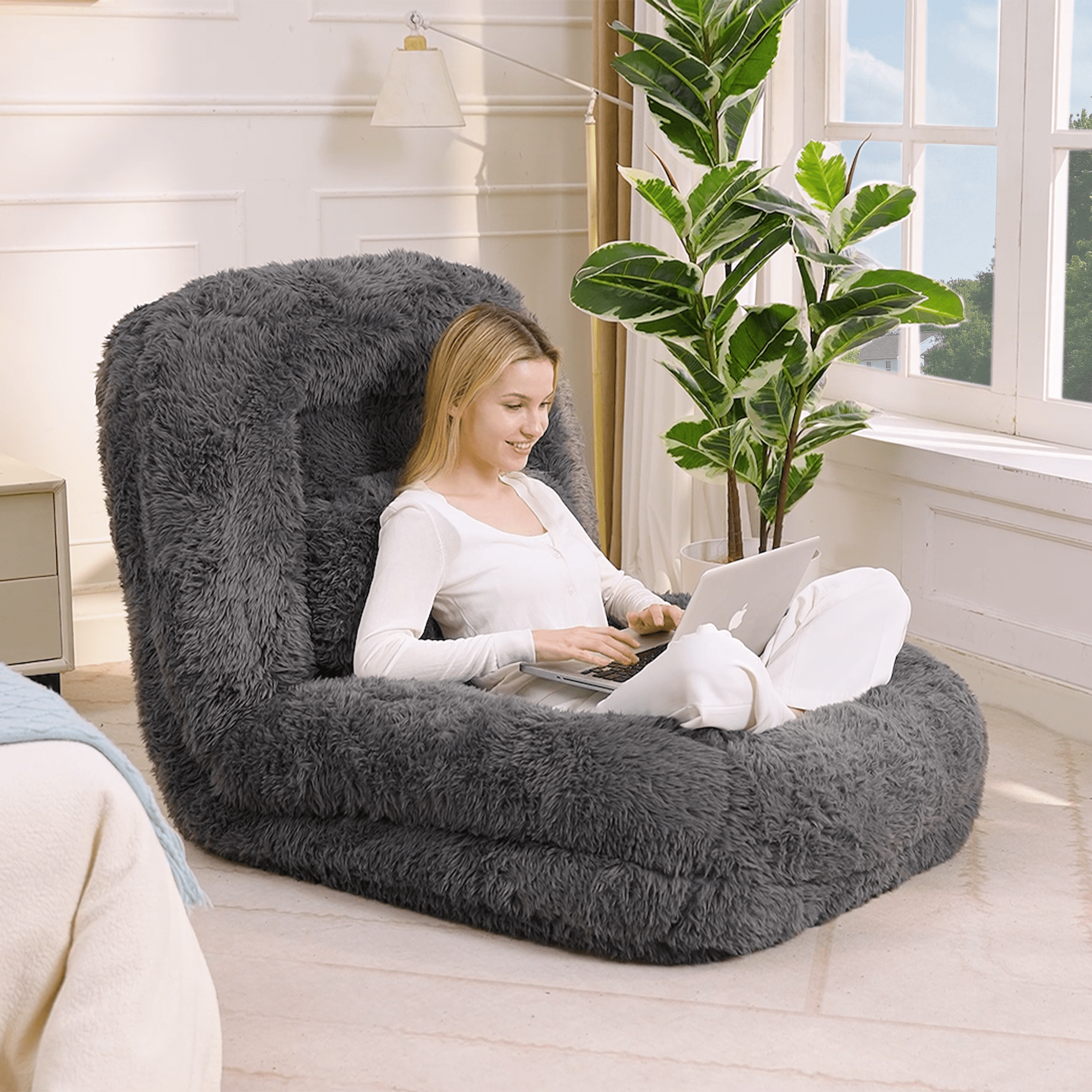 Human Dog Bed,Lazy Sofa,5-Position Adjustable Convertible,Floor Gaming Chair,bedroom, living room,Suitable for gaming, meditation,relaxation,Plush Fabric,Dark Gray