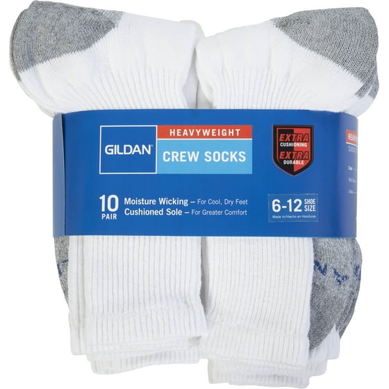 Gildan Men's Heavyweight CushionSole White Crew Socks, 10pack