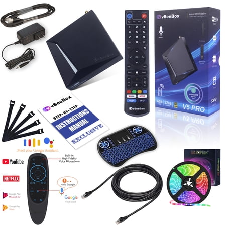 2025 vSeeBox V5 Pro New Model with Built-in Voice Control System | Includes LED Light, Cable Ties, Ethernet Cable, Air Mouse, Backlit Mini Keyboard | Android 12 | 4GB RAM | 32GB Storage