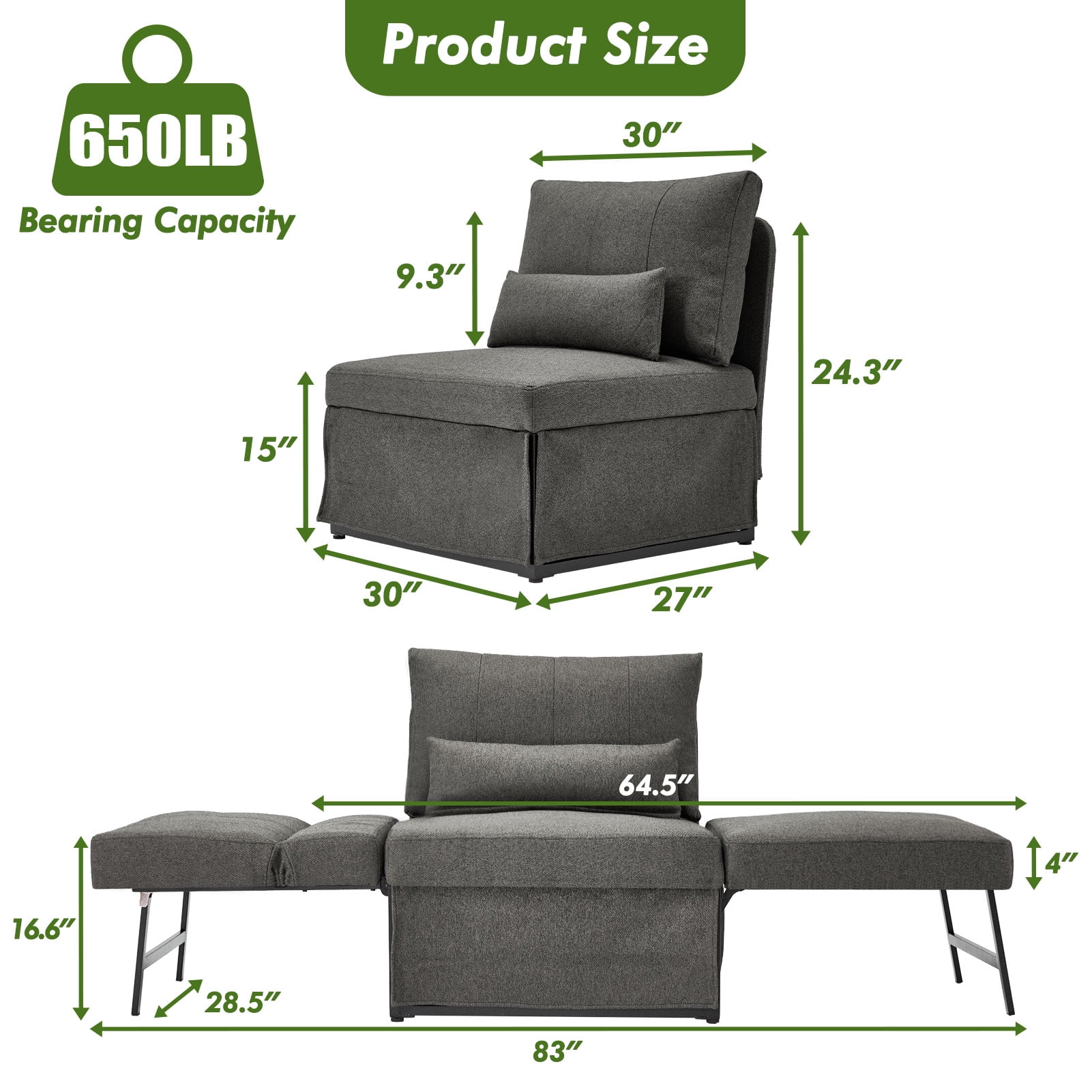zzw 5-in-1 Convertible Sleeper Sofa Chair, Adjustable Linen Folding Ottoman Bed, Assembly-Free for Apartment Living Room