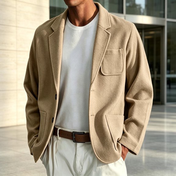 Men Wool Blazer Notched Lapel Single Breasted 2 Button Closure Coat Long Sleeve Business Casual Fall Winter Jacket with Pockets