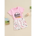 thumbnail image 3 of Suealasg Toddler Baby Girl Baseball Outfit Letter Print Round Neck Short Sleeve Tops + Elastic Waist Baseball Shorts 2Pcs Infant Summer Casual Clothes Set, 3 of 8