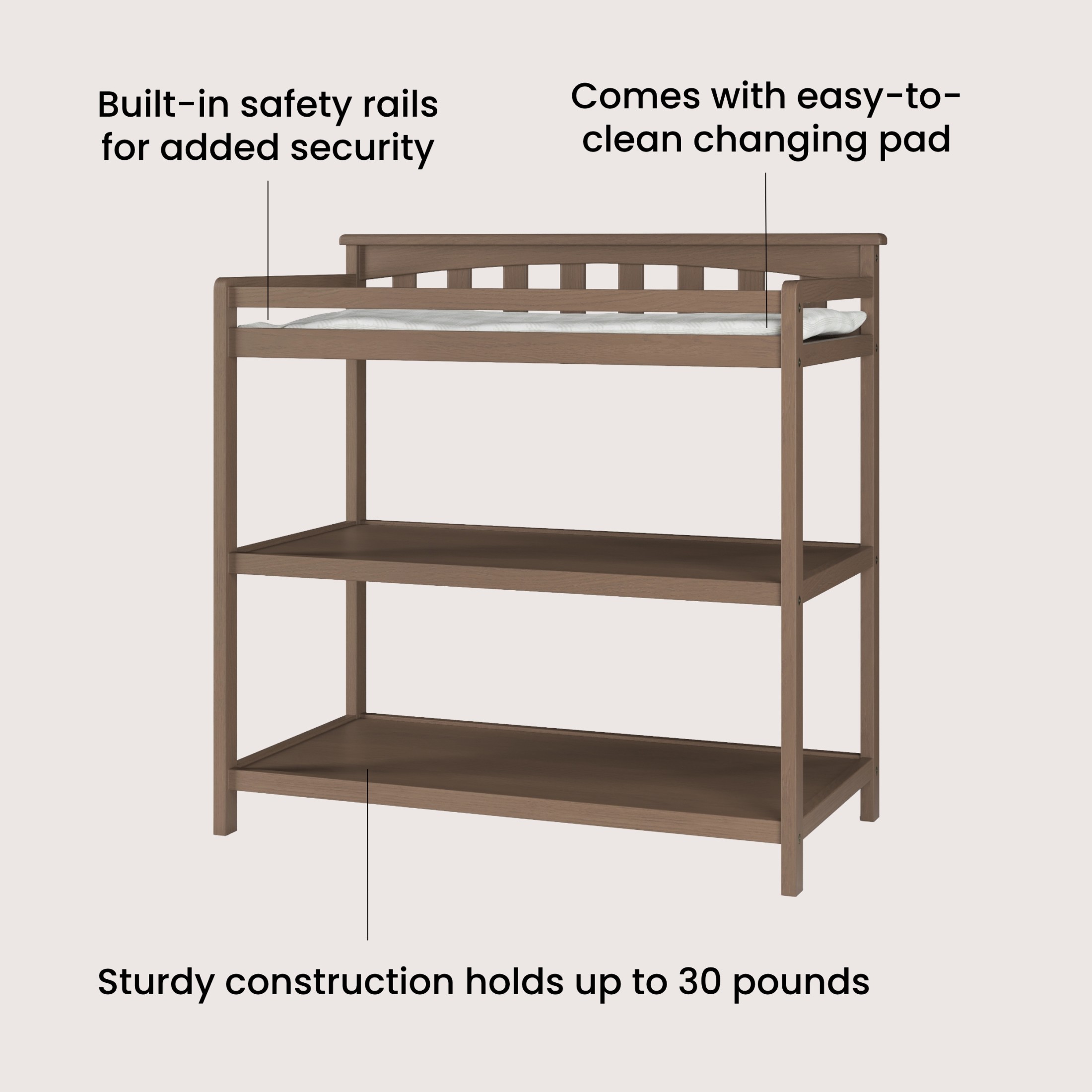 Child Craft Flat Top Changing Table with Pad & Strap, 2 Storage Shelves, Anti-Tip Kit, Dusty Heather
