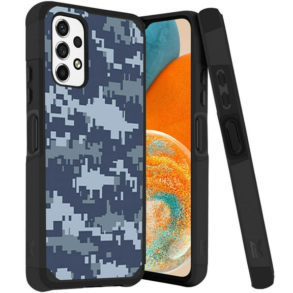 ANJ Rugged Dual Layered Shockproof Slim Hybrid Case Tempered Glass Cover Compatible with Samsung Galaxy A23 5G - Blue Digital Camo