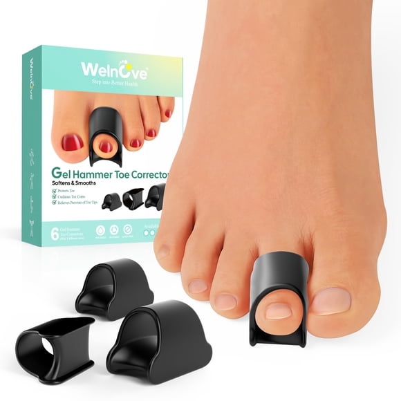 Welnove Corrector de dedo en martillo – Paquete de 6 férulas para dedos – Alisadores de dedos de gel suave – Realinear dedos de los pies doblados y torcidos en martillo – Corrector de dedos para hombr