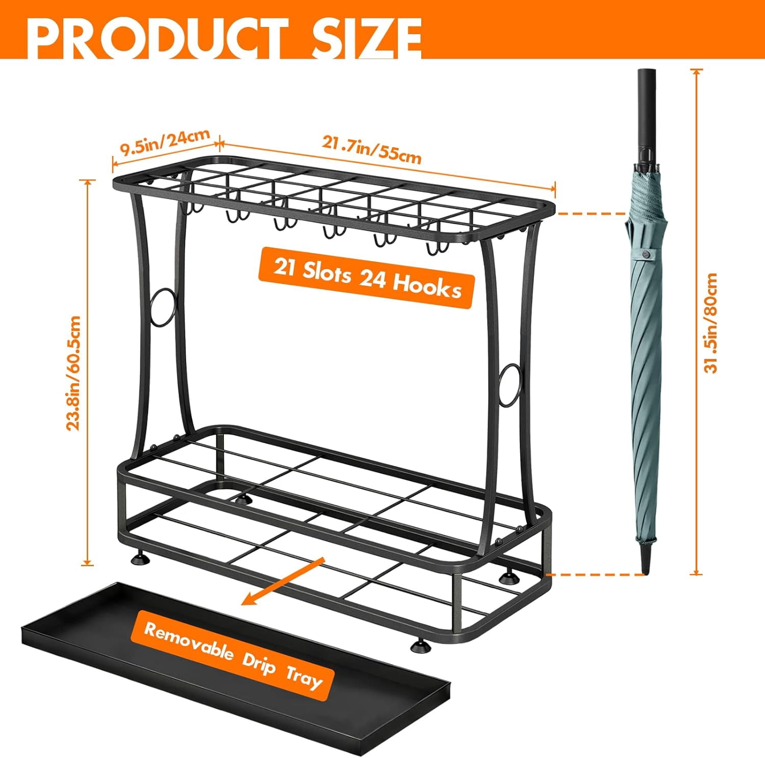 Metal Umbrella Holder Stand with Removable Drip Tray, Industrial Free Standing Umbrella Rack Organizer for Entryway Home Office Patio Decor