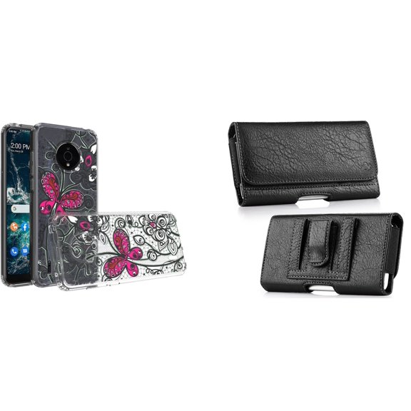 Case and Pouch Bundle for Nokia C200: Slim Series TPU Protector Case (Pink Butterfly) and PU Leather Coin Card Wallet Belt Holster