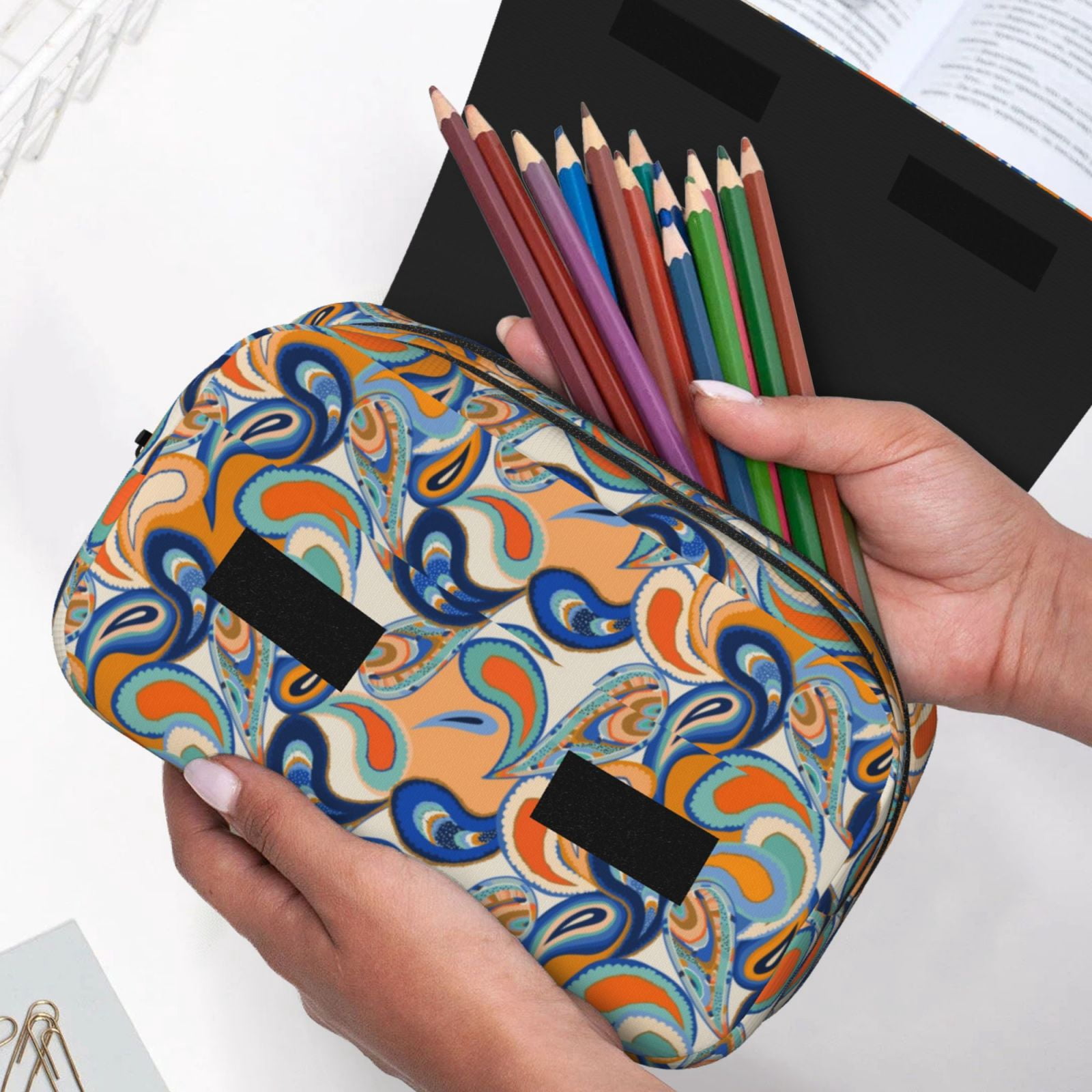 Rateoe Fashionable Paisley Pattern Double Clamshell Pen Case, Storage Organizer with Two Zipper Compartments– Holds Up to 50 Pencils & Pens