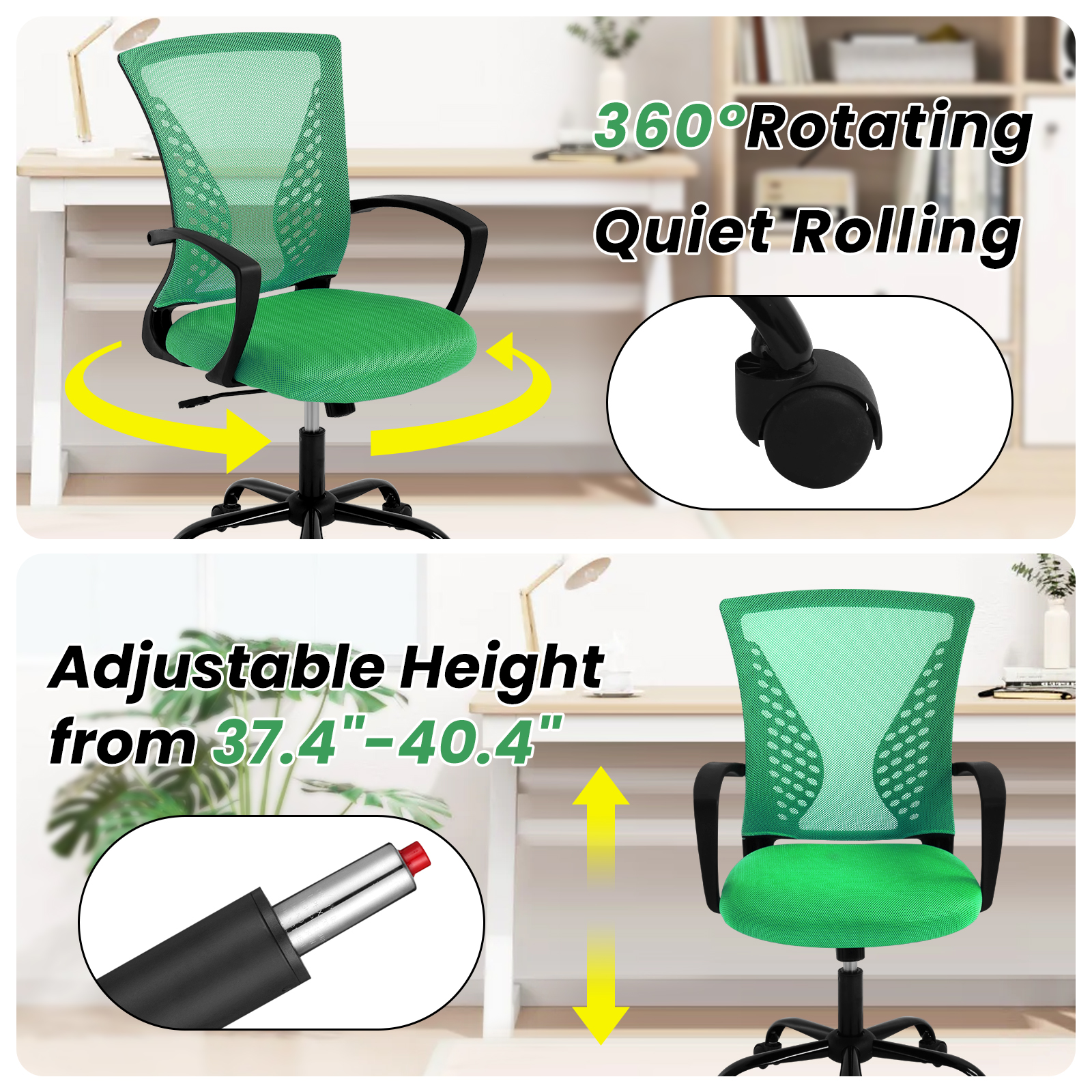 Dkelincs Office Desk Chair Adjustable Mesh Mid Back Office Chair Ergonomic Computer Chair with Lumbar Support & Wheels, Green