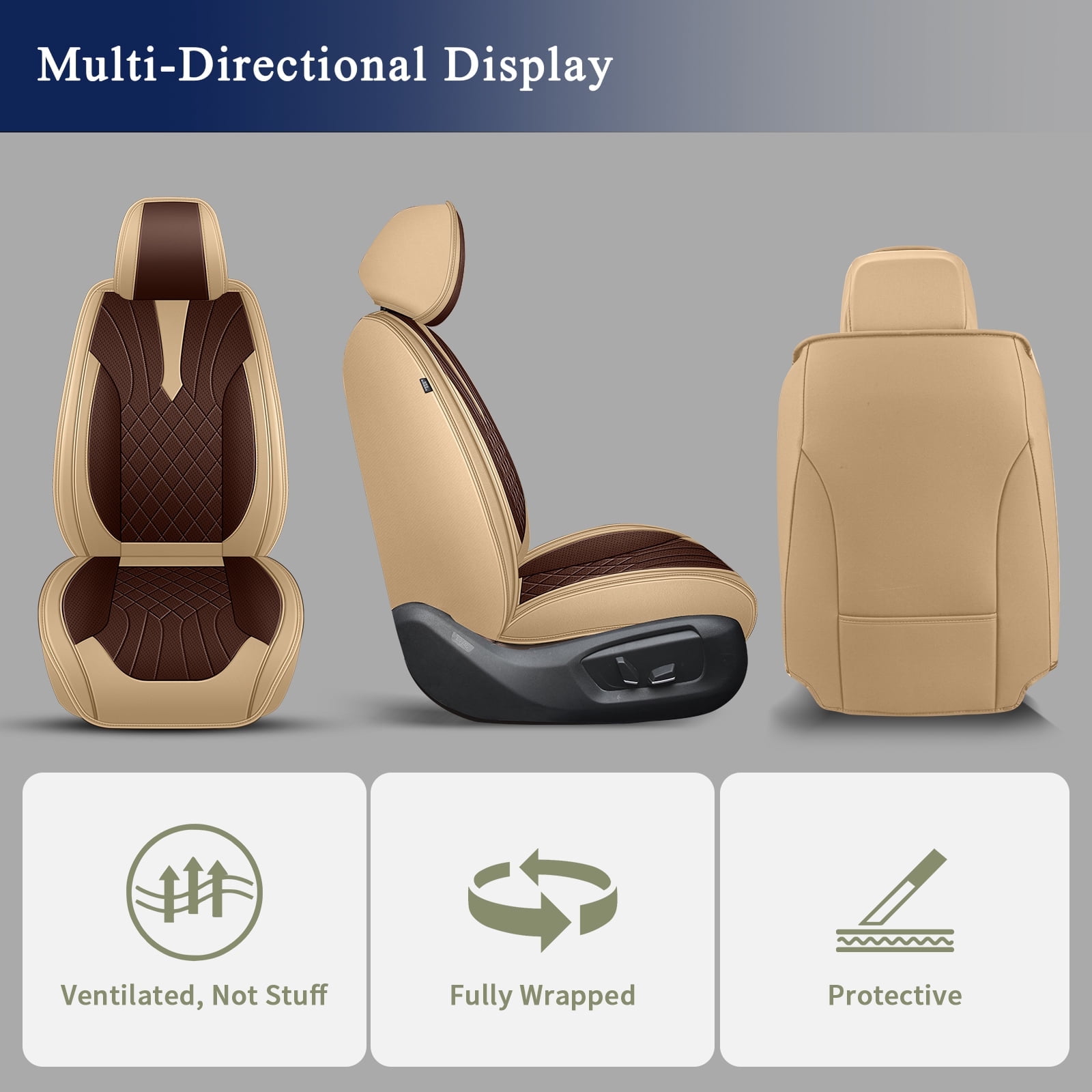 DIKSOAKR Car Seat Covers for Toyota RAV4 1998-2018, Breathable Perforated Faux Leather Seat Cover, 2 Front Seats Interior Automotive Accessories, Beige & Brown