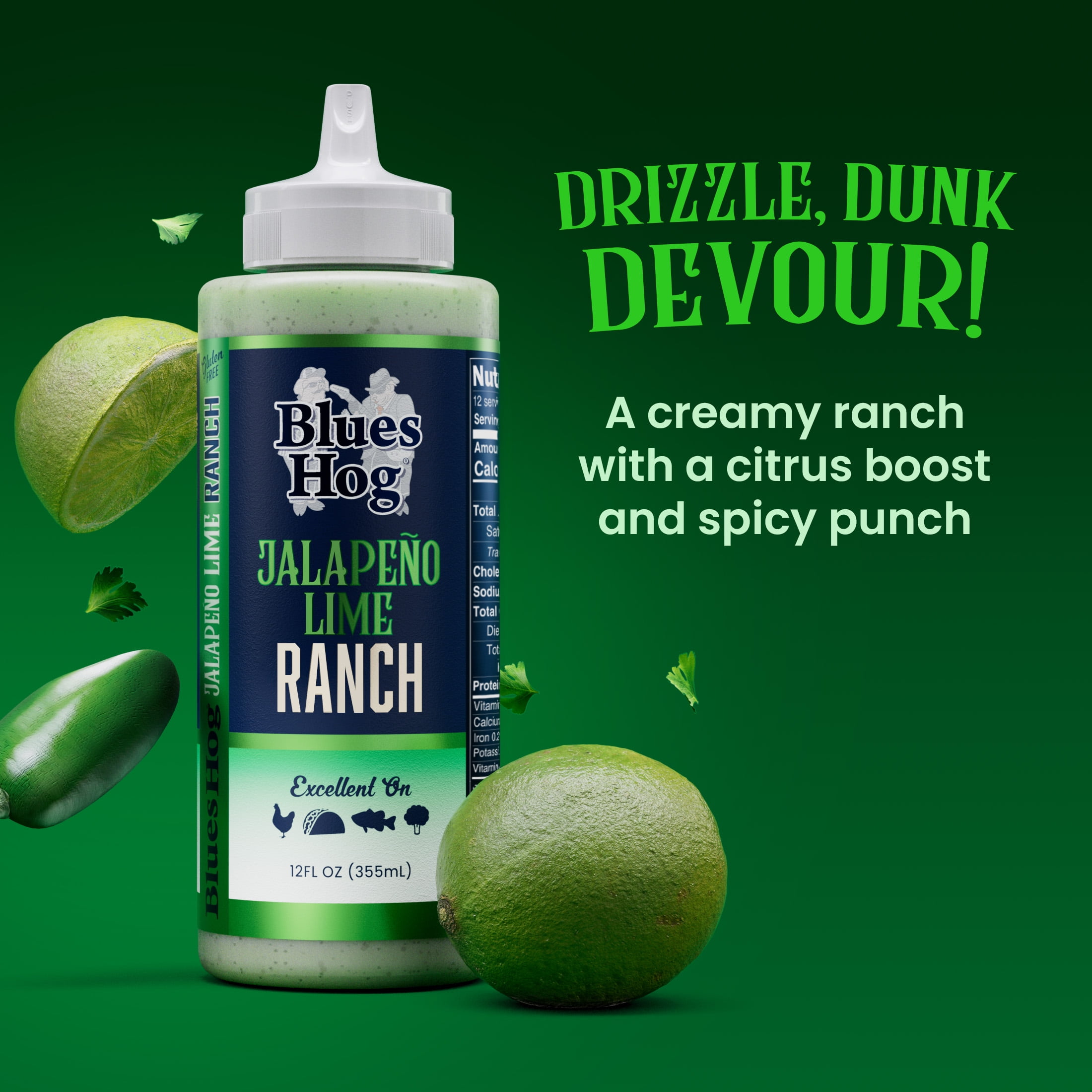 (6 pack) Blues Hog Jalapeño Lime Ranch Sauce for Grilling, Tacos, Salads & Dipping, All-Natural, Gluten-Free, 12 oz