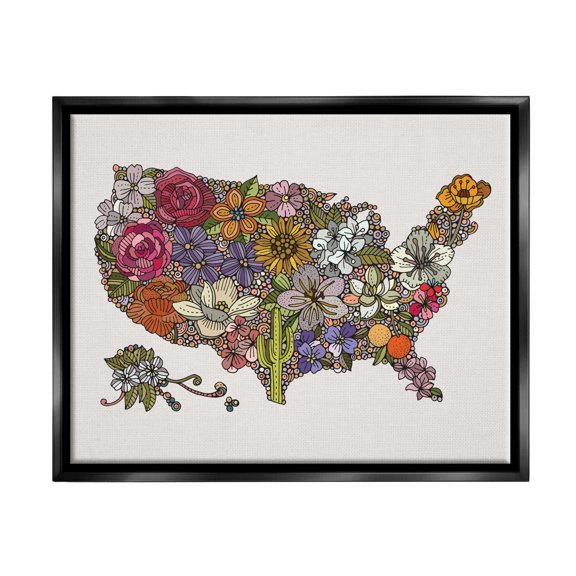 Stupell Industries United States Country Map Detailed Botanical State Flowers Graphic Art Jet Black Floating Framed Canvas Print Wall Art, Design by Valentina Harper