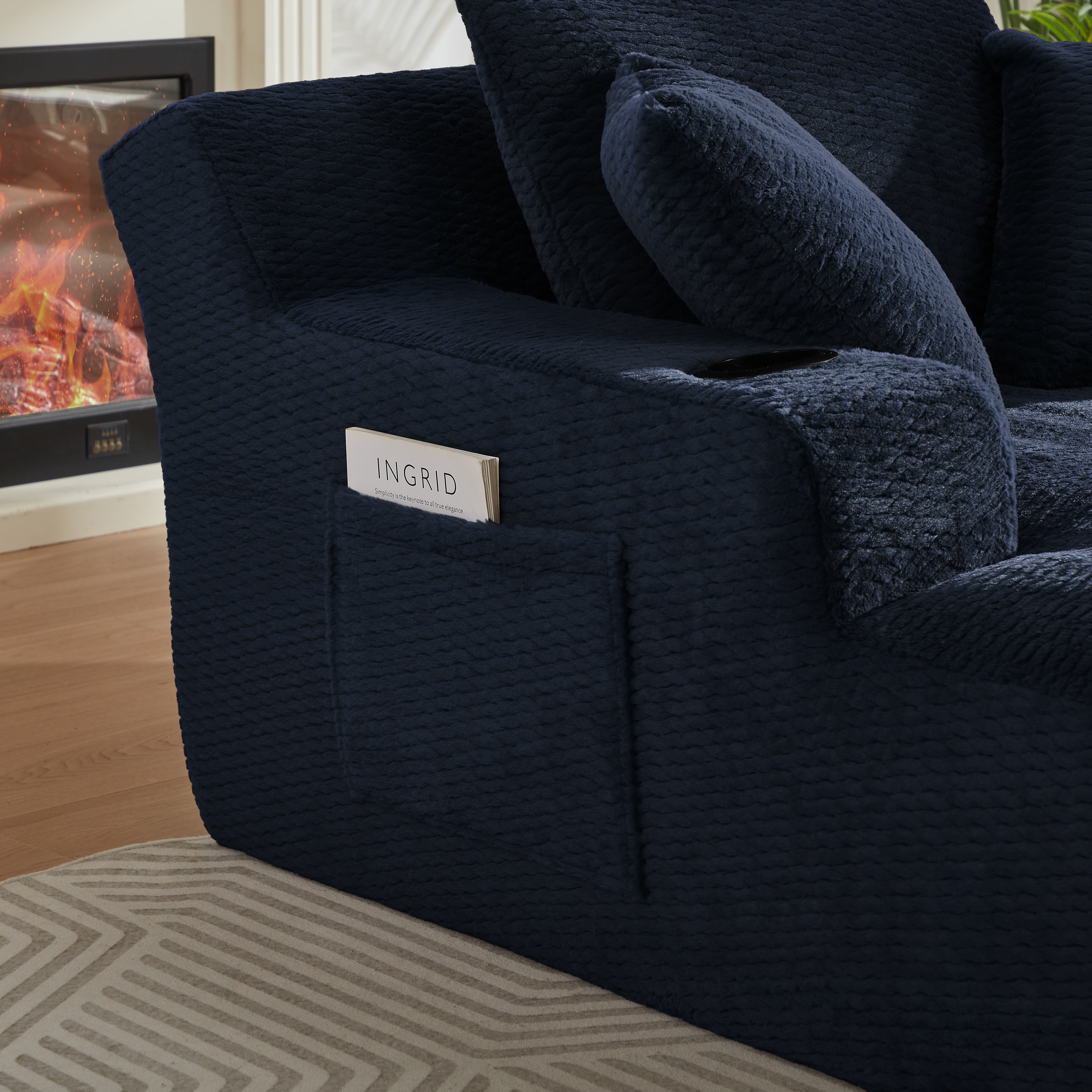 Aukfa Oversized Chaise Lounge Chair Indoor with Cup Holder & Side Pocket, Faux Fur Sleeper Chair for Living Room, Bedroom,Blue