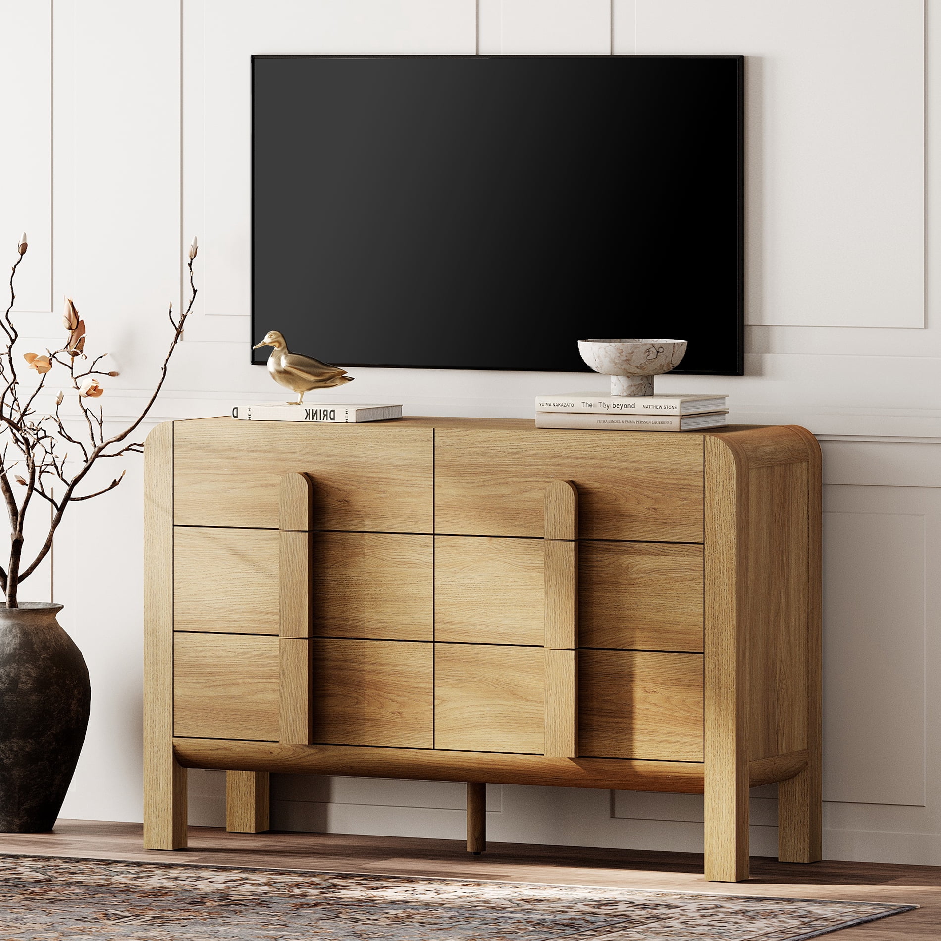 Modern 6 Drawer Dresser TV Stand for 55 Inch TV, Entertainment Center with Curved Profile Design, Wood TV Console with Storage for Living Room