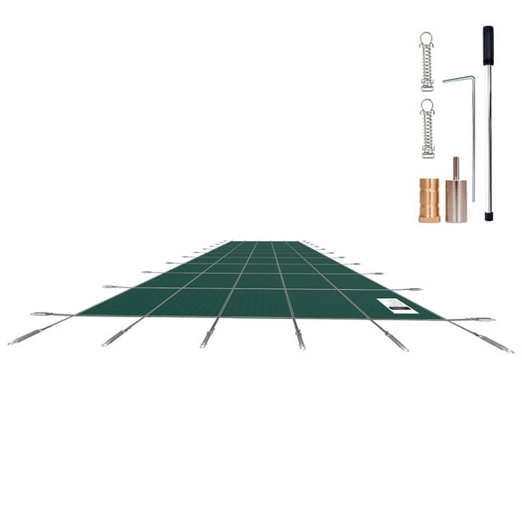 KFFKFF Ground Pool Security Blanket, 14x26 ft Rectangle, Winter Protection, Durable Mesh Polypropylene, Efficient Rain Drainage, Includes Setup Accessories, Green