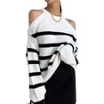 thumbnail image 3 of Pullover Knit Sweaters for Women Loose Fit Striped Long Sleeve Casual Fall Fashion Tops Sex-Y Cold Shoulder White One size, 3 of 9