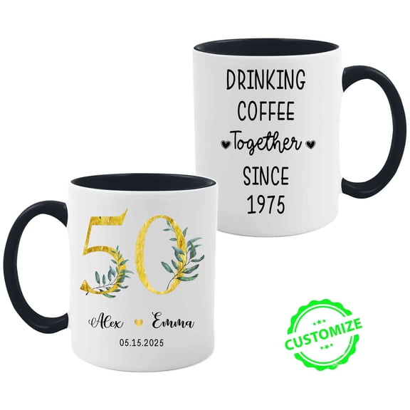 Customizaholic Personalized Anniversary Mug – Custom Names & Date – “Drinking Coffee Together Since” Cup – Golden 50th Anniversary Gift for Couples