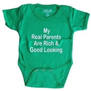 Funny Baby Bodysuit Coverall with Snaps for Newborn, Infant and Toddler 6M, 12M, 18M Humor Prints 6-12M, My Real Parents are Rich Green