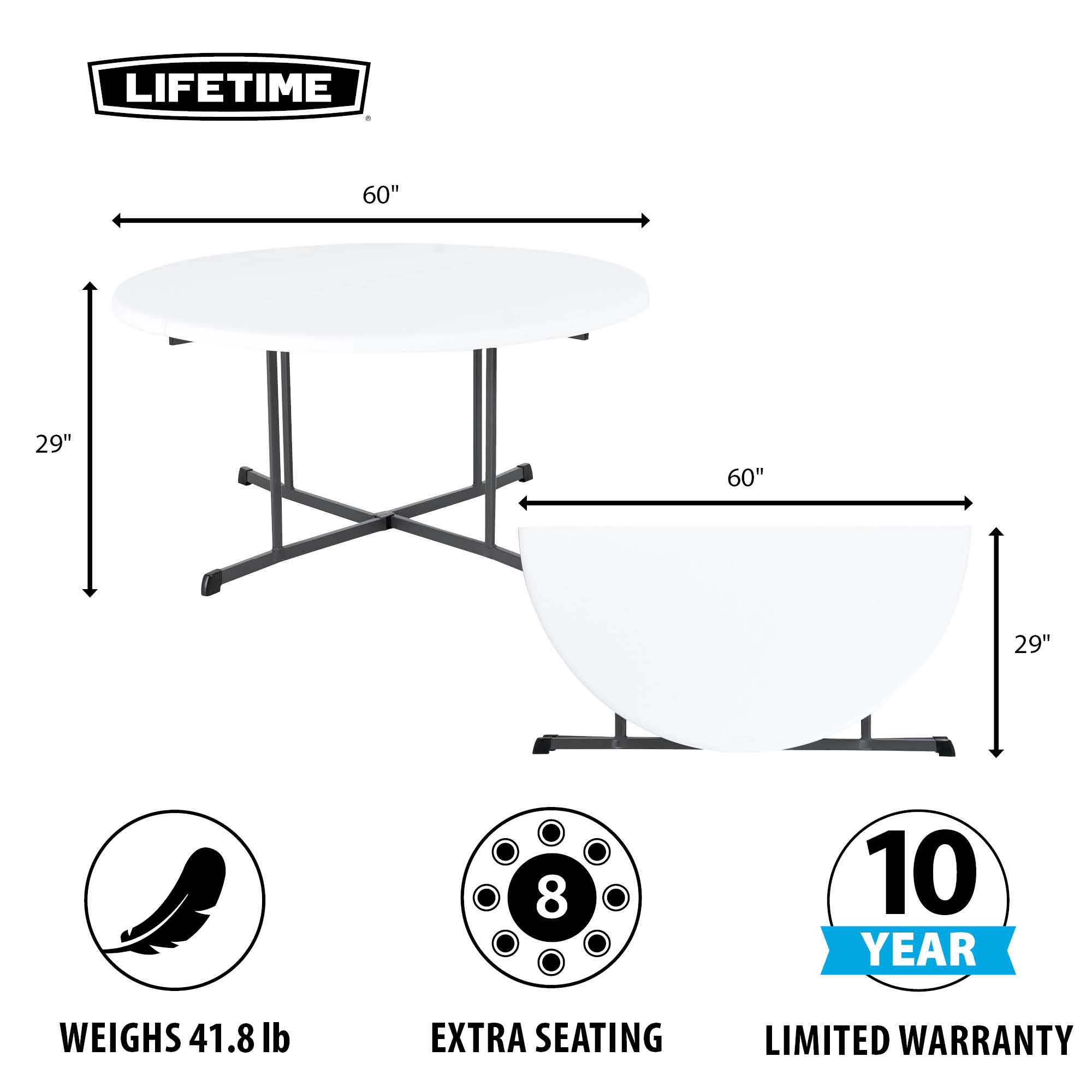 Lifetime 60 in Round Fold-in-Half Folding Table, White Granite photo 2