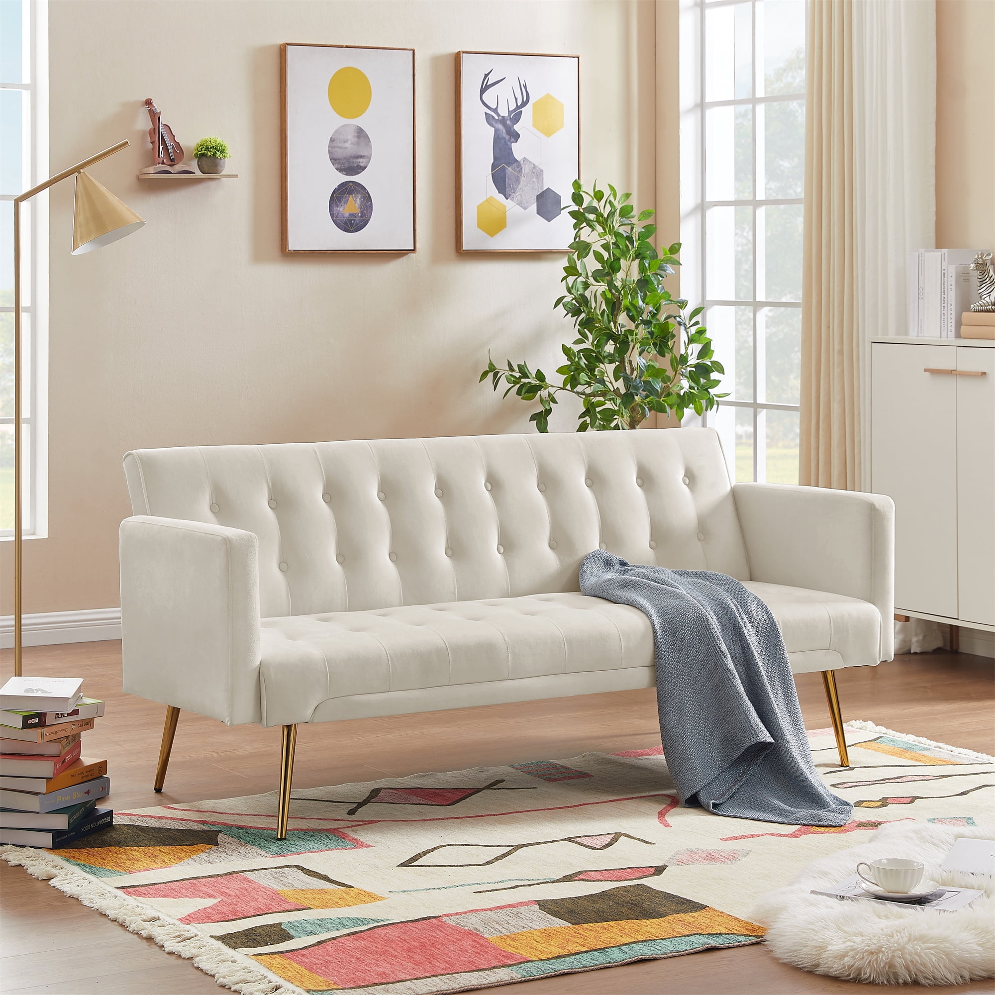 Upholstery Fabric Sofa Bed, Modern Futon Sofa Bed with Metal Legs, Two ...