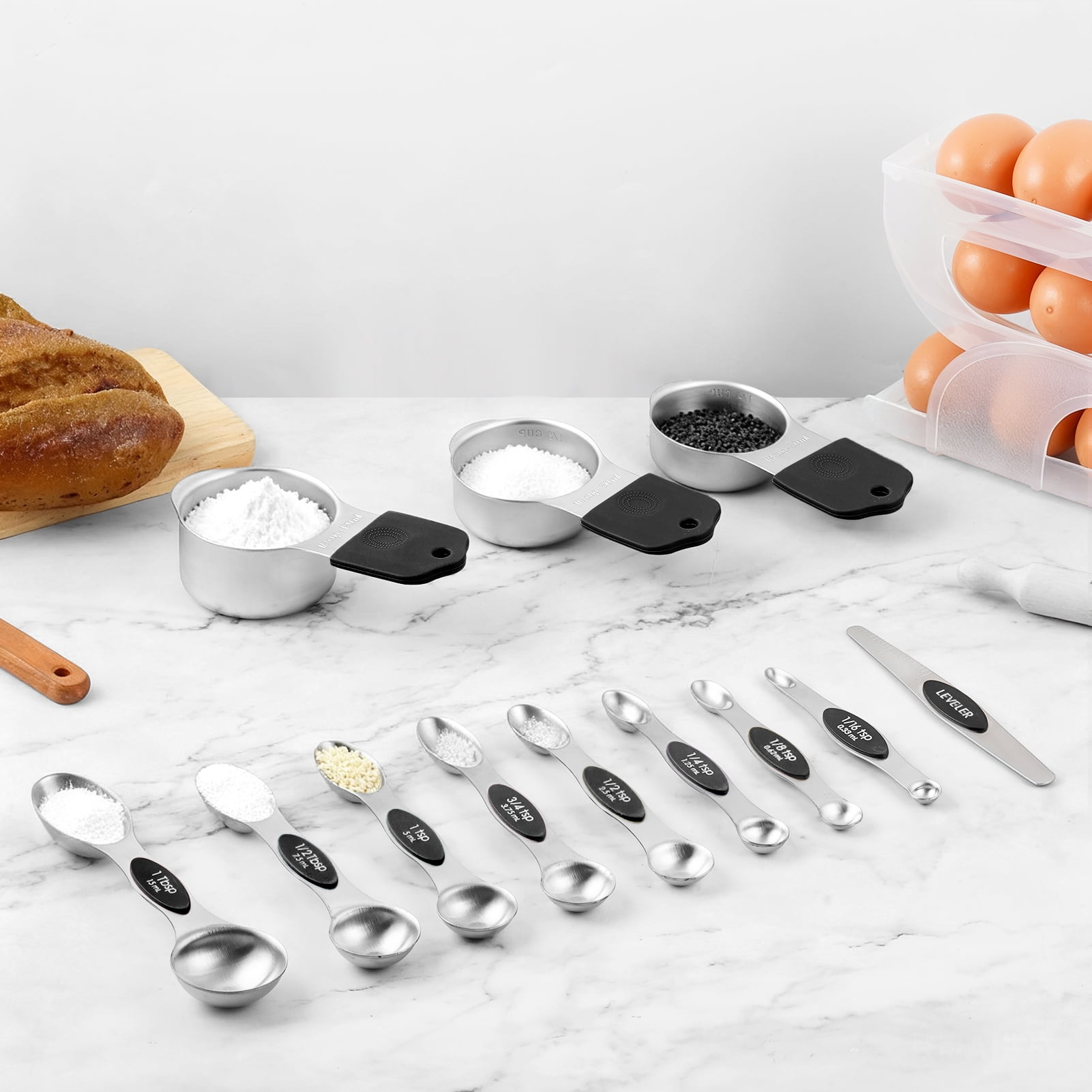Lumikrypt 16 Piece Magnetic Measuring Cups and Spoons Set, Stainless Steel Nesting Metal Measuring Cups Set with Leveler for Dry and Liquid Ingredients, Kitchen Gadgets for Cooking & Baking (Black)