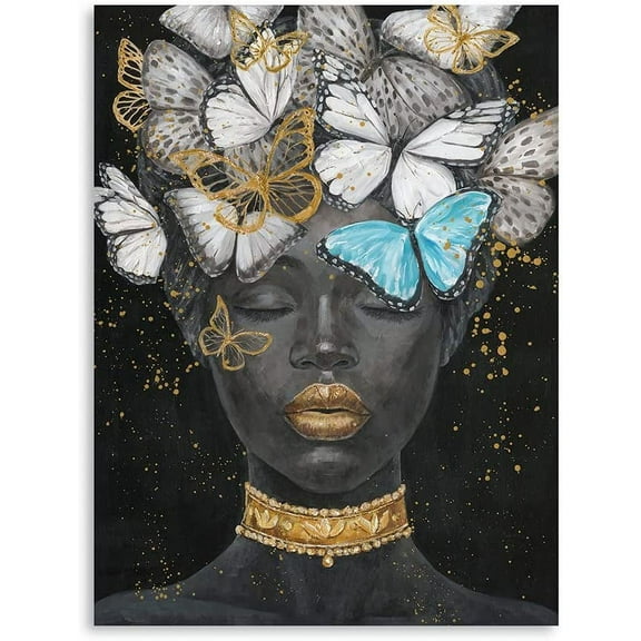 Aaheei African American Woman Butterfly Picture: Black Woman Butterflies Wall Decor Canvas Painting for Living room Bathroom Office Lady Home Decorations Ready To Hang