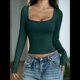 thumbnail image 4 of Camisas de Larga para Mujer, Tops Cortos, Cuello Cuadrado, Camisetas Básicas para Salir, Ropa de Invierno Y2K 2025 Verde Oscuro XL, 4 of 7