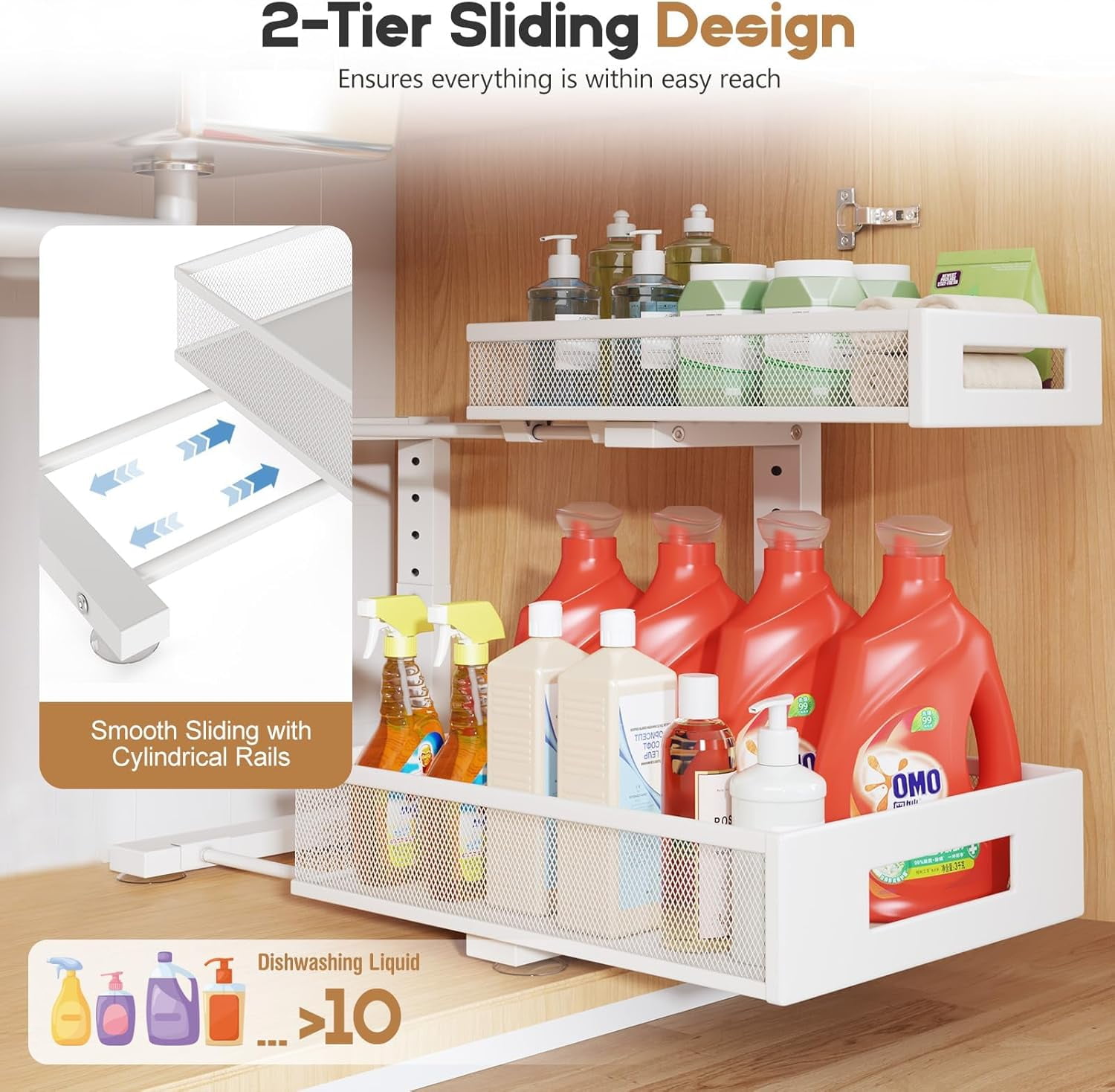 2 Pack 17IN Depth Under Sink Storage Organizer, Large 2-Tier Elegant Mesh Pull Out Shelf for Kitchen and Bathroom Cabinet Organization, L-Shaped and Adjustable Height Design-Gun Gray