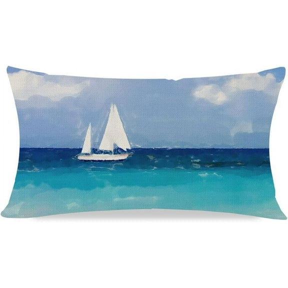 Summer Beach Throw Pillow Covers 12x20 Inch Sea Ocean Sailboat Nautical Coastal Blue Outdoor Decorations Lumbar Decorative Throw Pillows Cases for Beach House Home Living Room Couch Decor