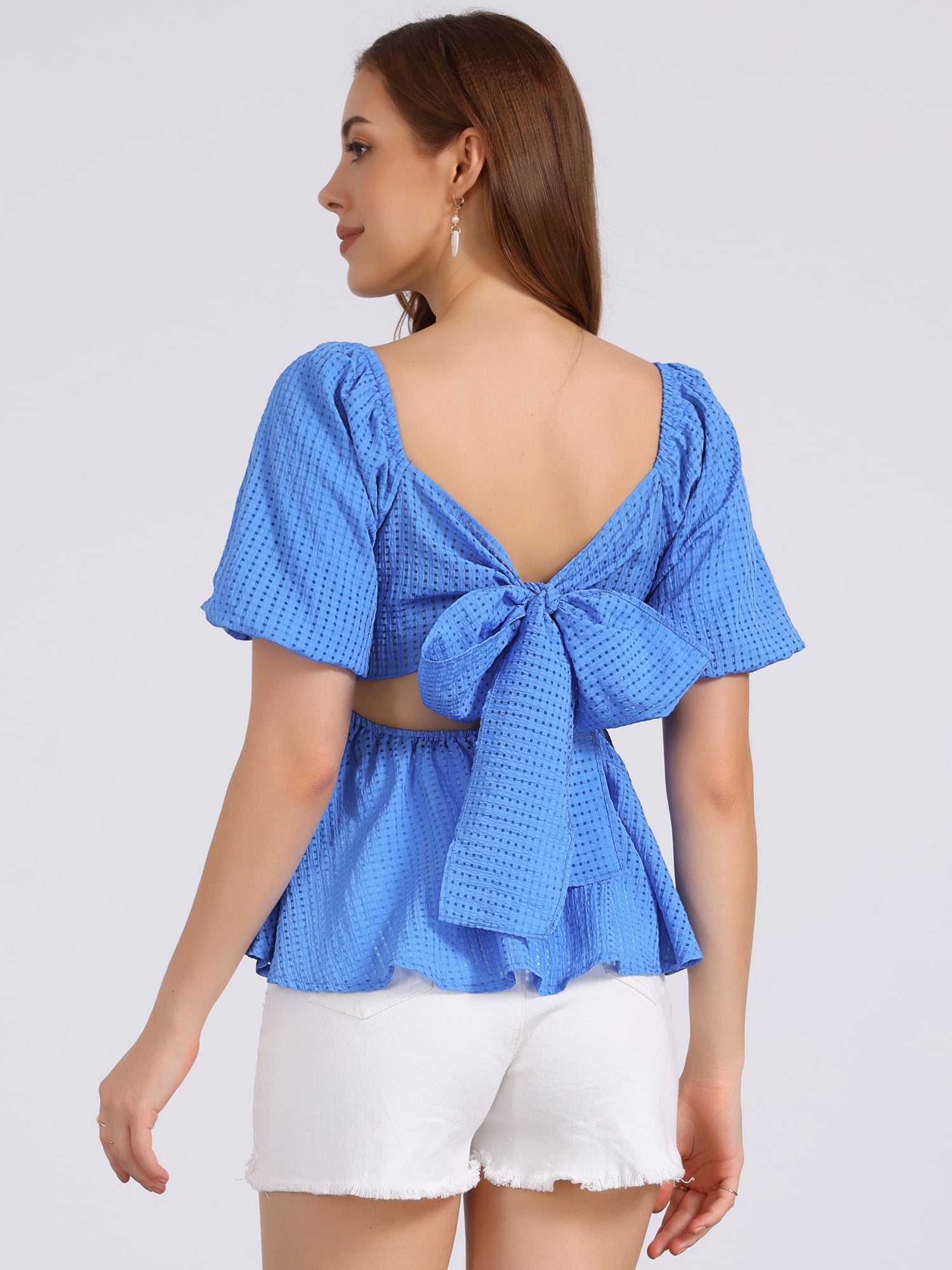 DARING DIVA Women's Peplum Square Neck Puff Short Sleeve Smocked Blouses M Blue