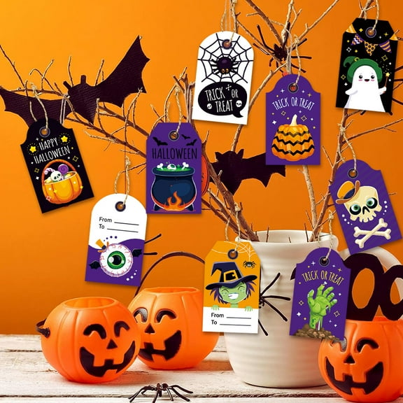 Monebena 12 Pcs Halloween Tags for Gifts Happy Halloween Paper Tags with Strings DIY Craft Labels for Party Supplies, Candy Cookies Goodie Bags Gift Wrap Hanging Decoration M01