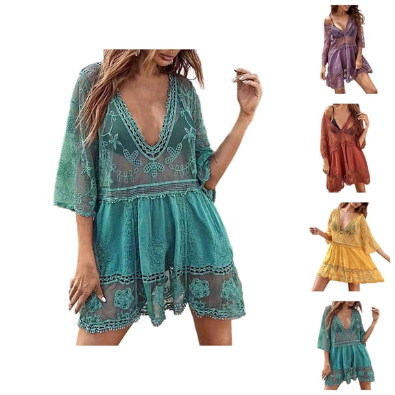 Swimsuit Coverup for Women Boho Lace Half Sleeve V Neck Loose Flowy Mini Dress Beach Cover Up Bathing Suit Dress