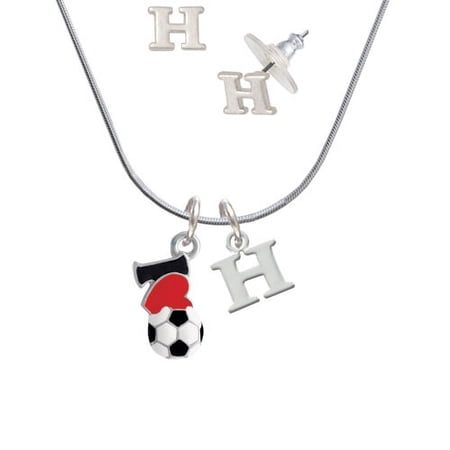I love Soccer – Red Heart – H Initial Charm Necklace and Stud Earrings Jewelry Set