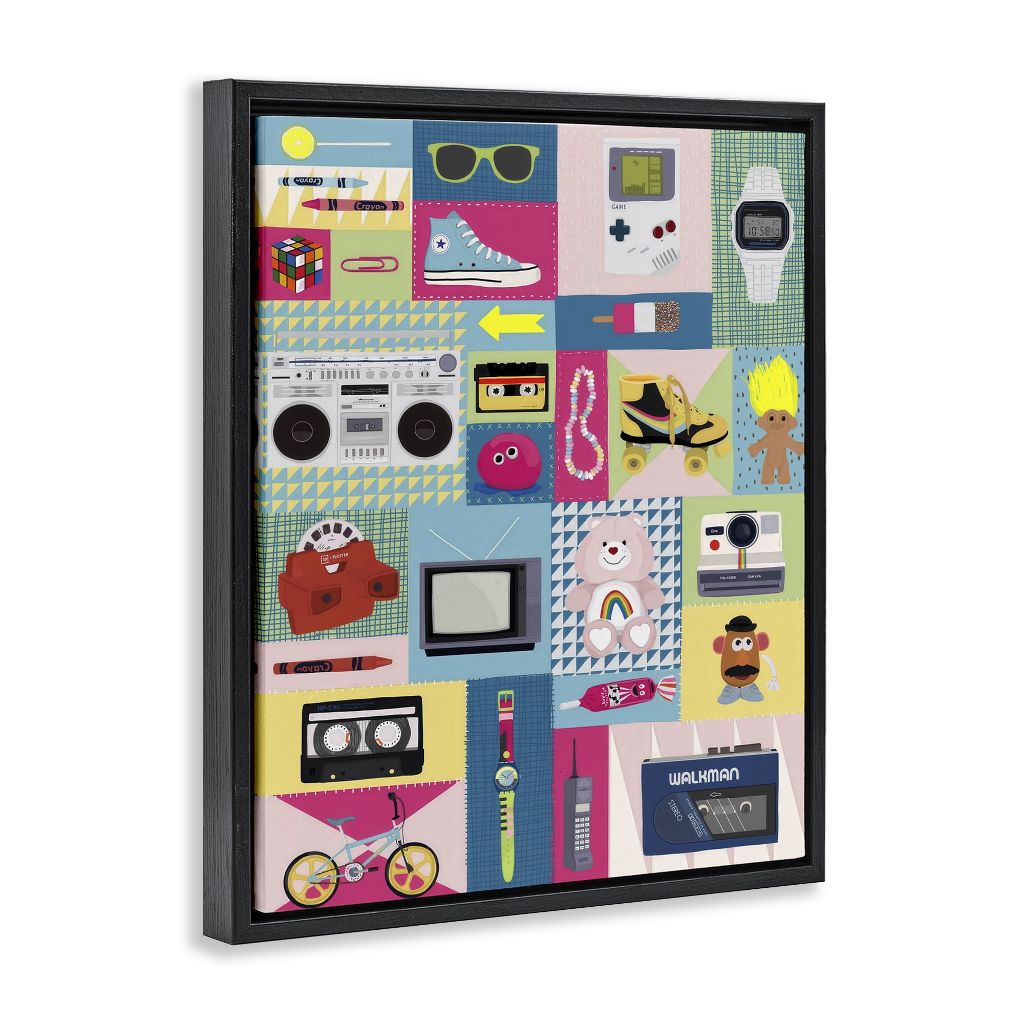 Stupell Industries Retro 80's Patchwork Collection Black Framed Floater Canvas Wall Art, design by Hanna Melin
