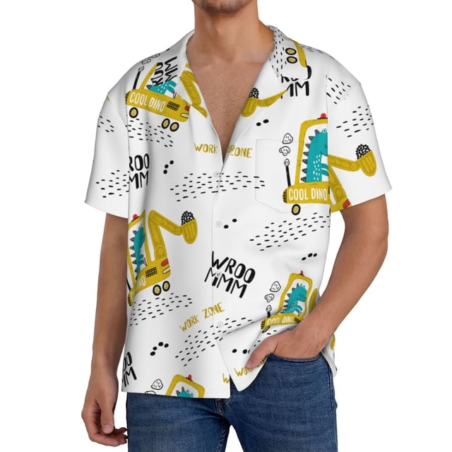Fotbe Dinosaur on Excavator Camisa Estampada de Manga Corta para Hombre, Casual de Verano, Estilo Playero, Sin Arrugas-4X-Large
