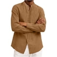 thumbnail image 5 of BiZtdJrK Mens Linen Vacation Tops Long Sleeve Solid Casual Button Stand Collar Summer Work Dress Shirts, Orange, XL, 5 of 7
