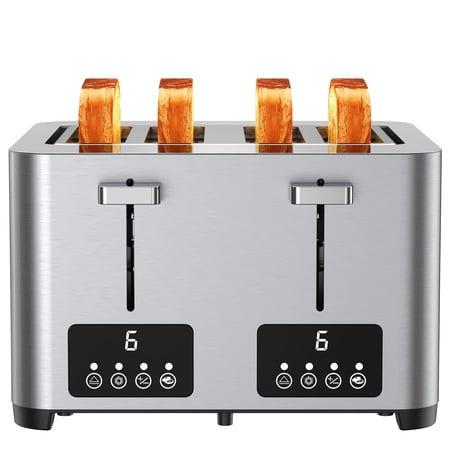 Suodoka 4 Slice Toaster with Touchscreen, Stainless Steel Bread Toaster, 6 Browning Settings, Wide Slots, Reheat, Cancel and Defrost Functions