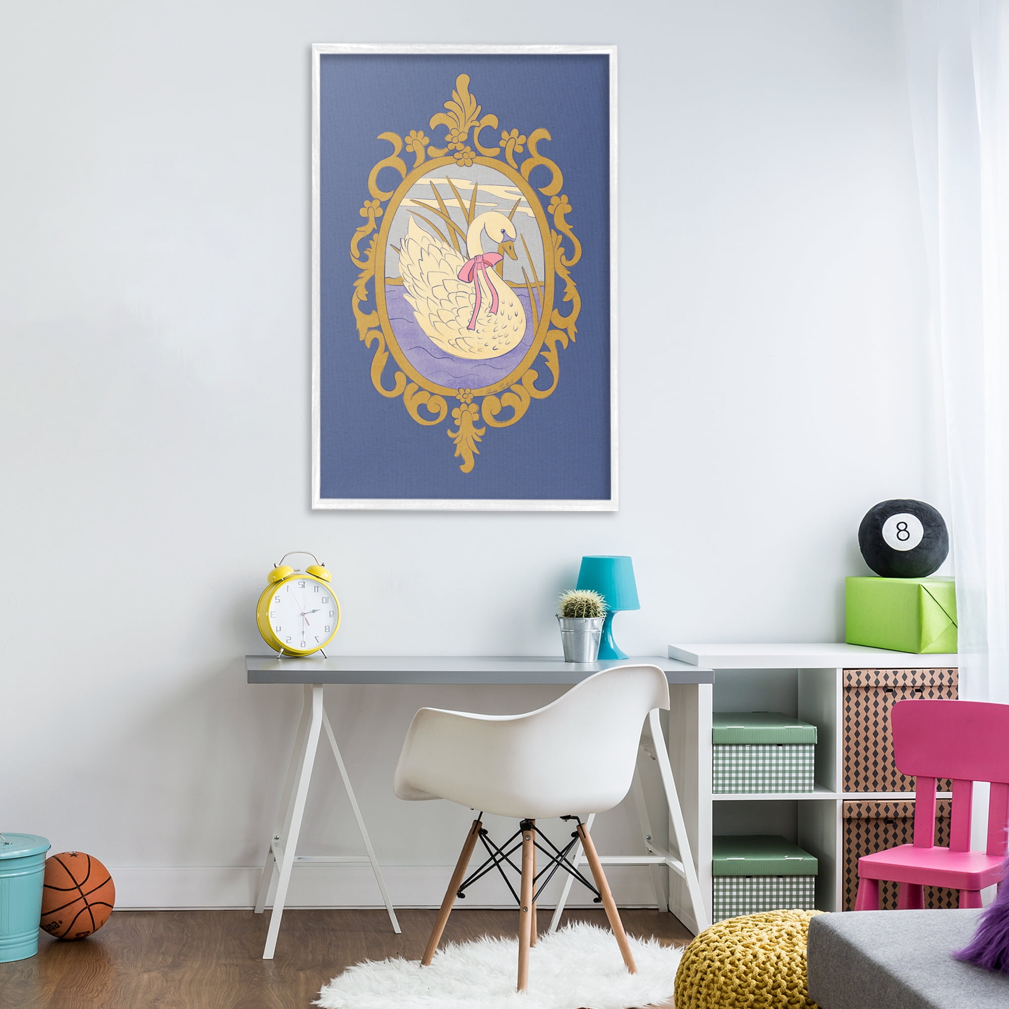 Stupell Industries Swan and Ornate Pattern White Framed Giclee Art, design by Carrie Cantwell