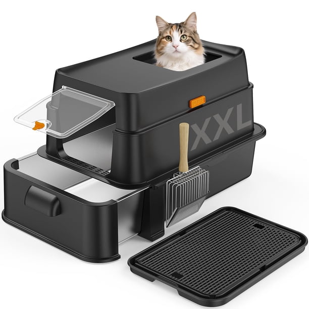 Caja de arena para gatos de acero inoxidable XXL con cajón extragrande cerrada con cuchara fácil de limpiar a prueba de olores antiadherente