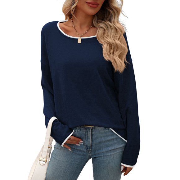 Women'S Fall Sweaters Casual Crew Neck Contrast Long Sleeve Knit Pullovers Jumper Tops Navy Blue S
