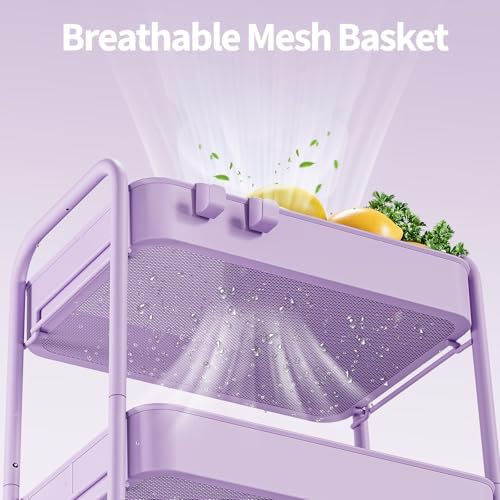 4-Tier Metal Rolling Cart with Wheels, Storage Utility Organizer Cart for Kitchen, Bathroom, Office, Baby Essentials & Makeup - Lockable Casters, Easy Assembly, Large Capacity, Purple