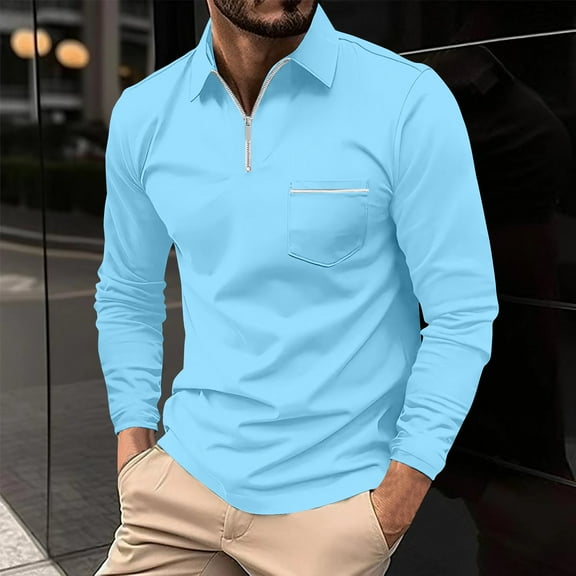 COSFO Polo T Shirts for Men Long Sleeve Quarter Zip Blue Casual Basic Tops Slim Fit with Pocket Pullover Collared Classic T-Shirt